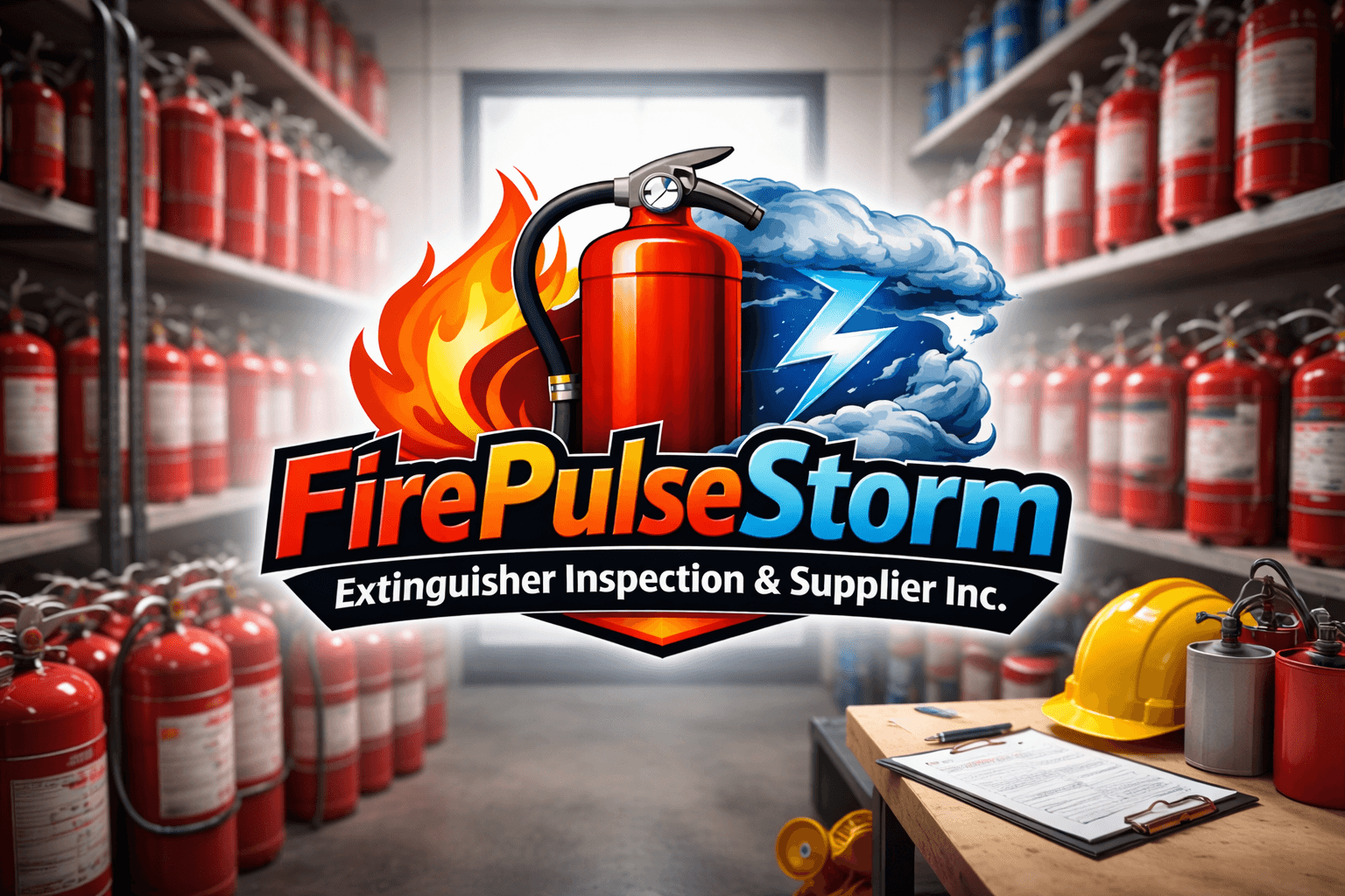 FirePulseStorm warehouse with rows of fire extinguishers and inspection equipment