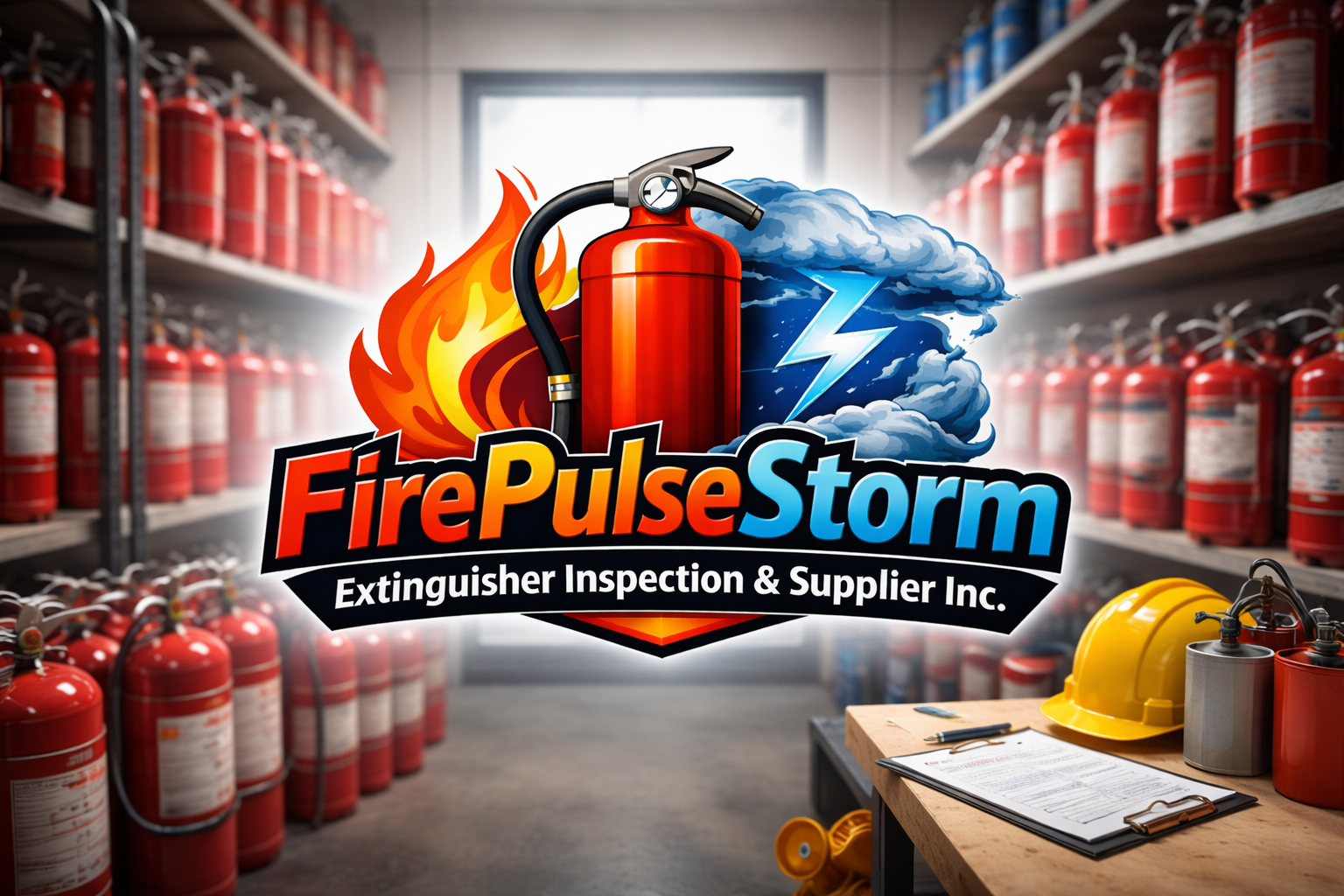 FirePulseStorm warehouse filled with fire extinguishers and safety equipment